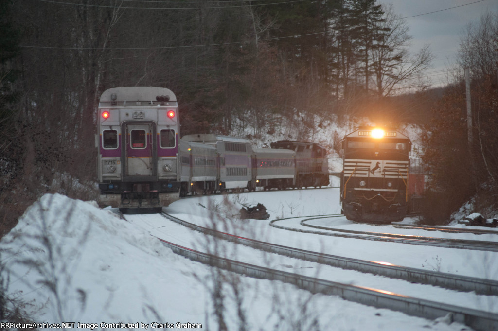 NS 6950 & crew waits while MBTA 1126 Pulls into Wachusett